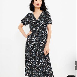 LOFT Black Pearl Ditsy Floral Puff Sleeve Midi Dress - Large